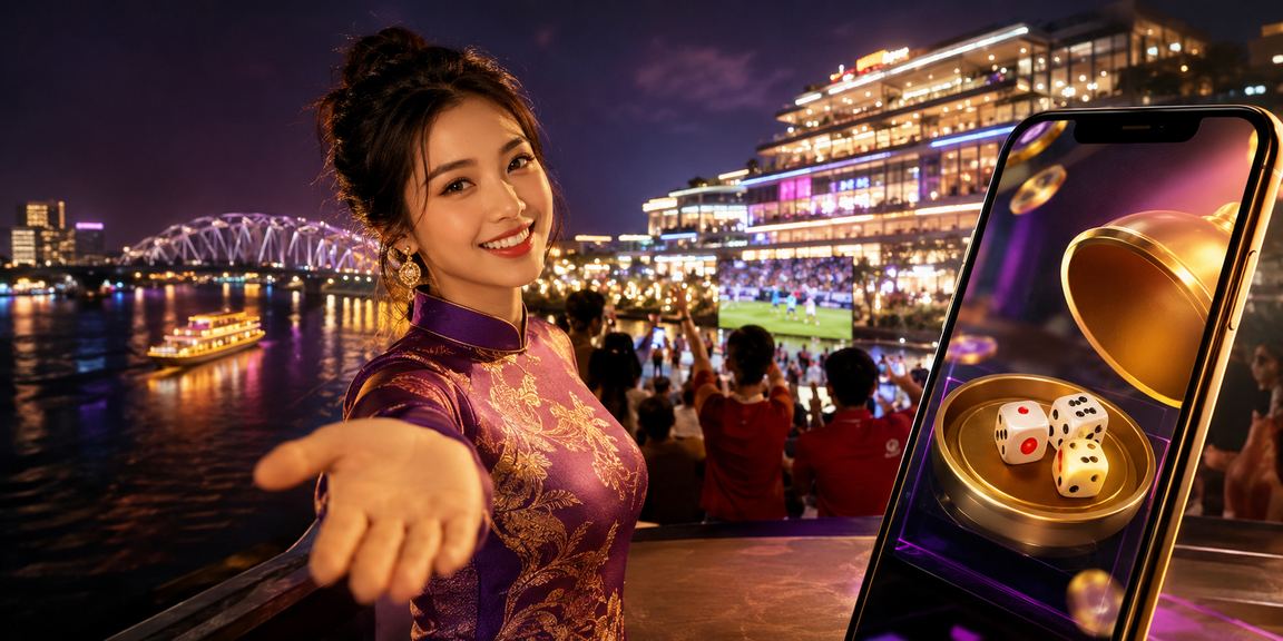 Khung cảnh Huế với xúc xắc minh họa cách đọc điều kiện ưu đãi casino