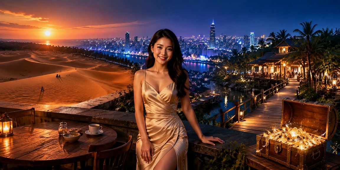Không gian cà phê Mũi Né với điện thoại hiển thị thao tác nạp tiền VND